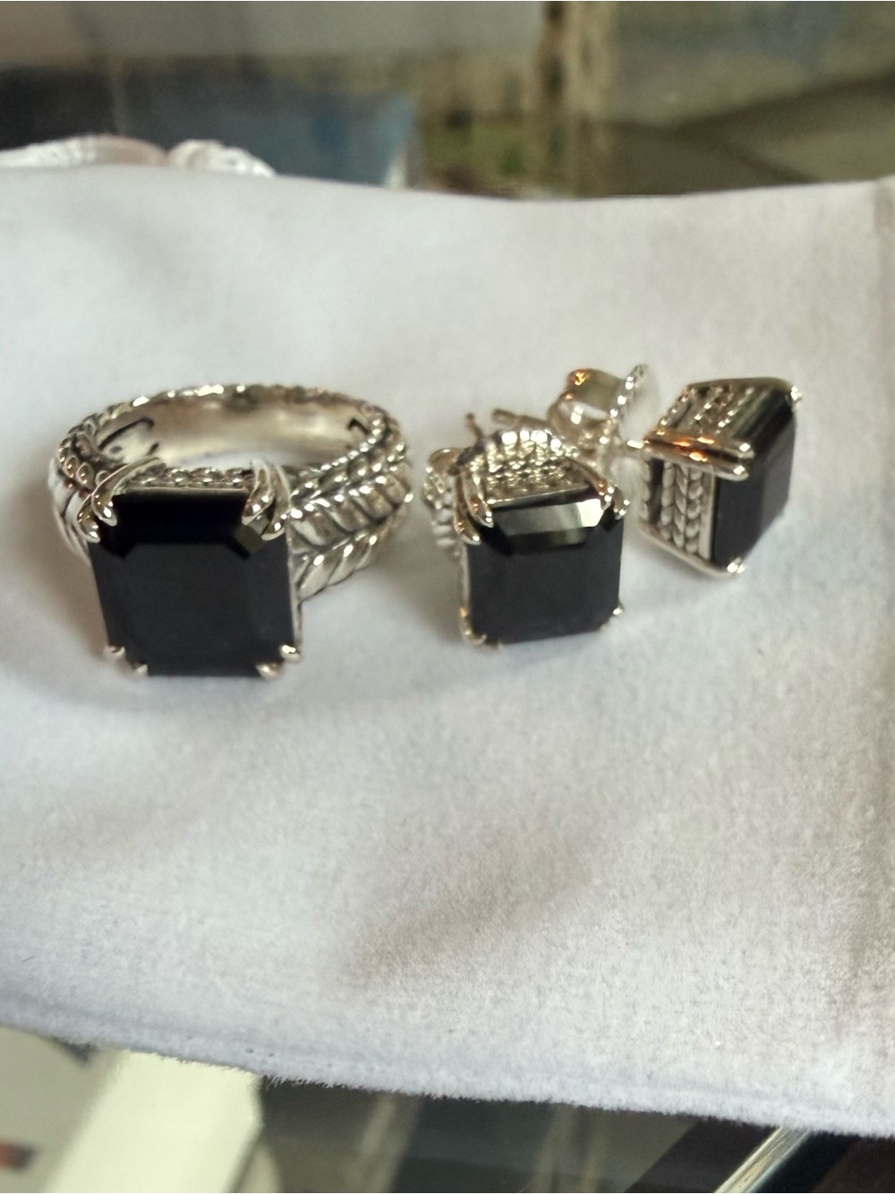 JAI Sterling Silver Asscher Cut Gemstone Ring and Earring Set